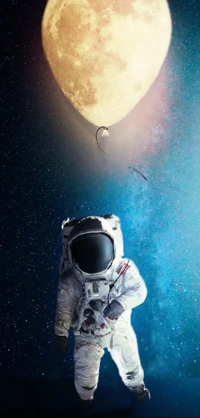 Astronaut holding glowing moon balloon in starry space.