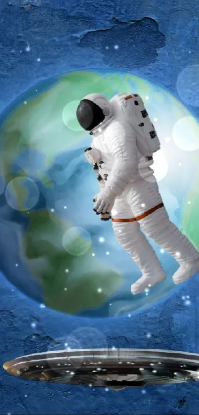 Astronaut floating in front of Earth with a blue textured background.