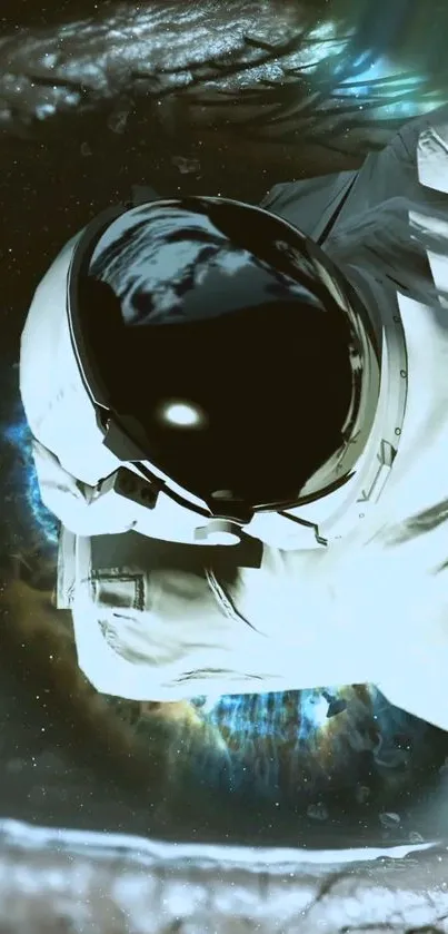 Astronaut floating in space with cosmic background and black helmet.