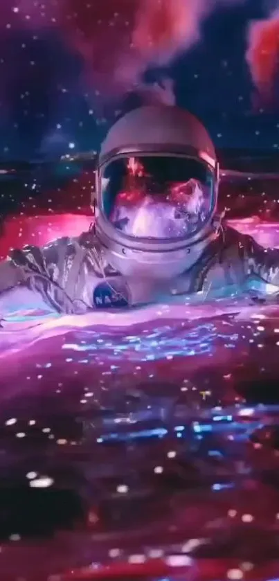 Astronaut floating in a vibrant cosmic sea with purple and pink hues.