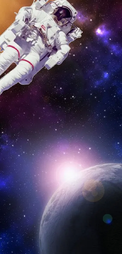 Astronaut floating in colorful space scene with planet.