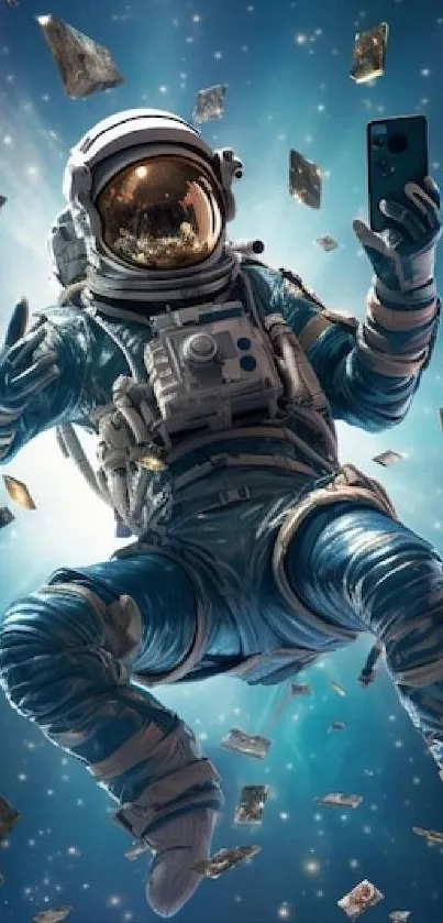 Astronaut using phone in space, surrounded by stars.