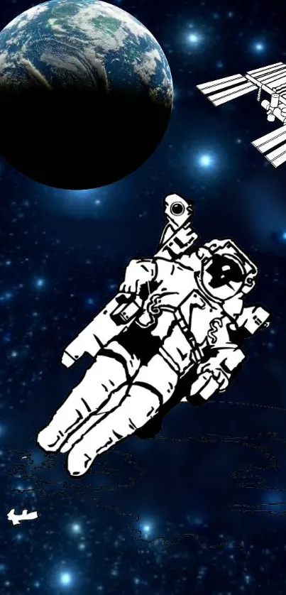 Astronaut floats in space with Earth and stars in the backdrop.