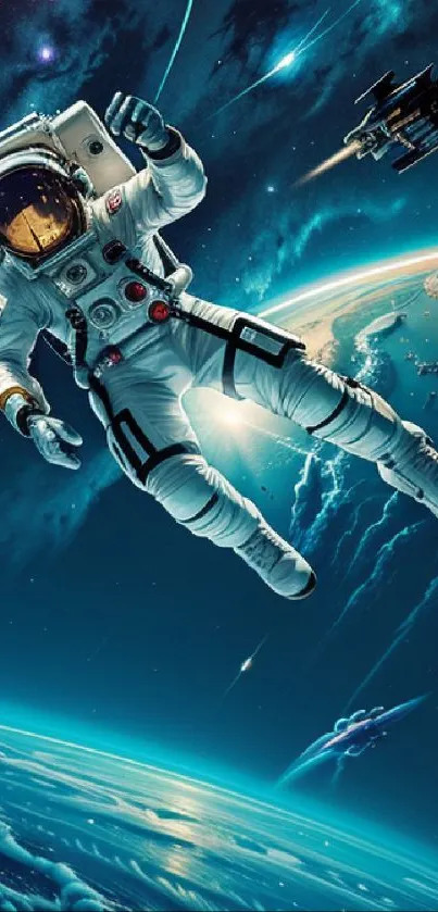 Illustration of an astronaut floating in space with a cosmic background.