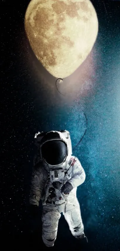 Astronaut tethered to moon as balloon in space.