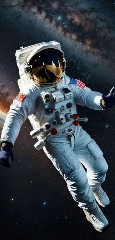 Astronaut in white suit floating in space with Earth in the background.