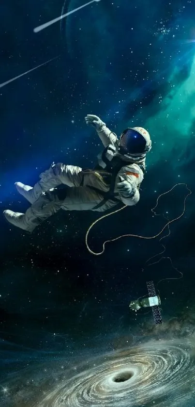 Floating astronaut in a cosmic, deep space background with stars and galaxies.