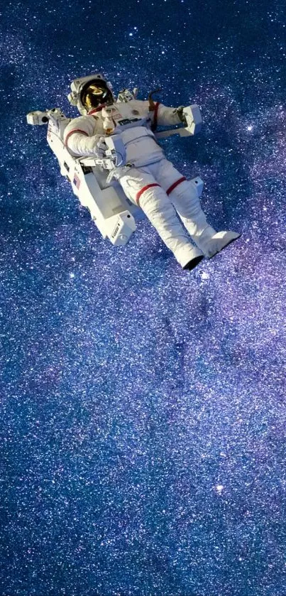 Astronaut floating in a vibrant galaxy with a starry night background.