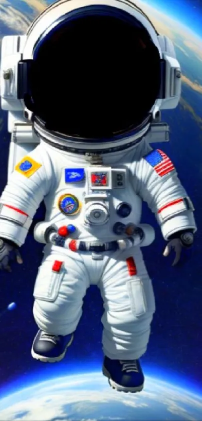 Astronaut floating in space above Earth, cosmic wallpaper.