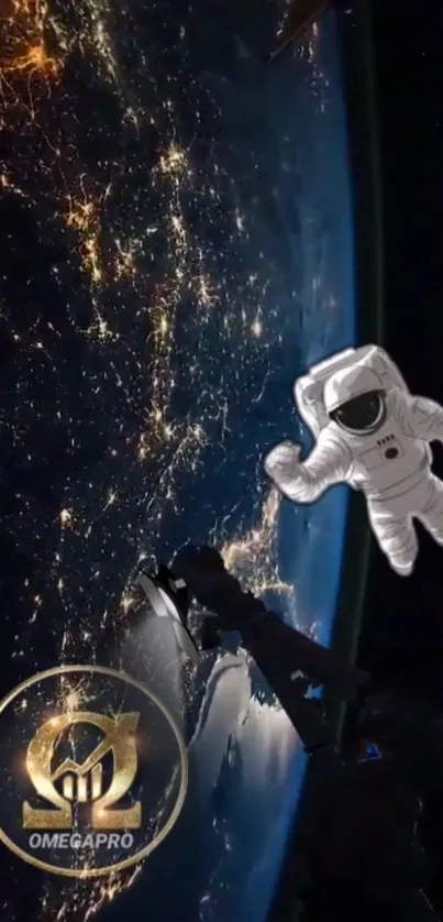 Floating astronaut over illuminated Earth at night.