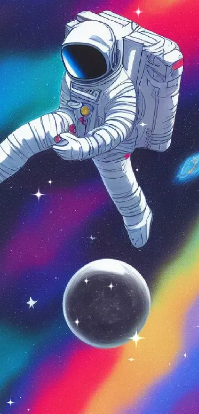 Astronaut exploring vibrant space with colorful cosmic background.