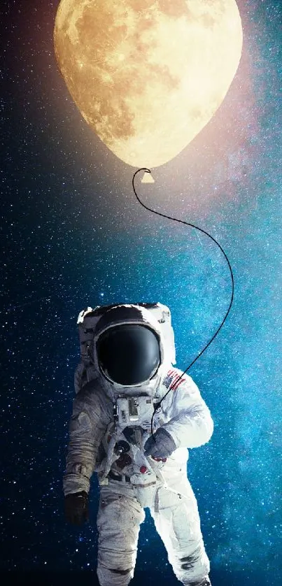 Astronaut under a moon balloon amidst a starry night sky wallpaper.