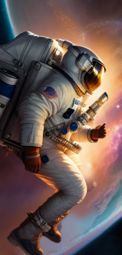 Astronaut floating in space above a colorful planet with a cosmic backdrop.