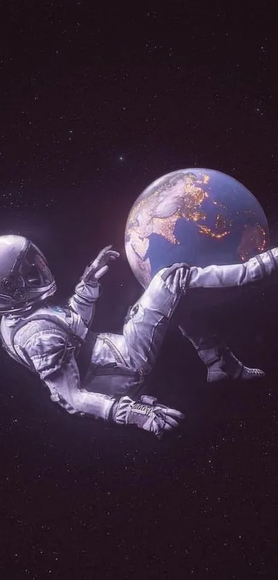 Astronaut holding Earth in dark violet space wallpaper.