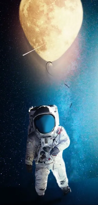 Astronaut in a spacesuit floating with a moon balloon in a starry sky.