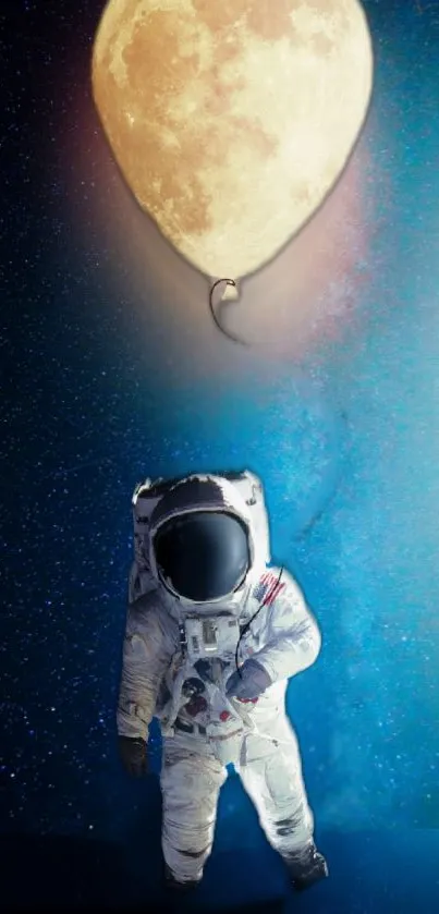 Astronaut with moon balloon against a cosmic backdrop.