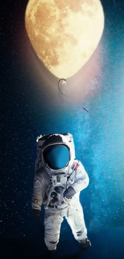 Astronaut floating in space holding a moon balloon, surrounded by starry cosmos.