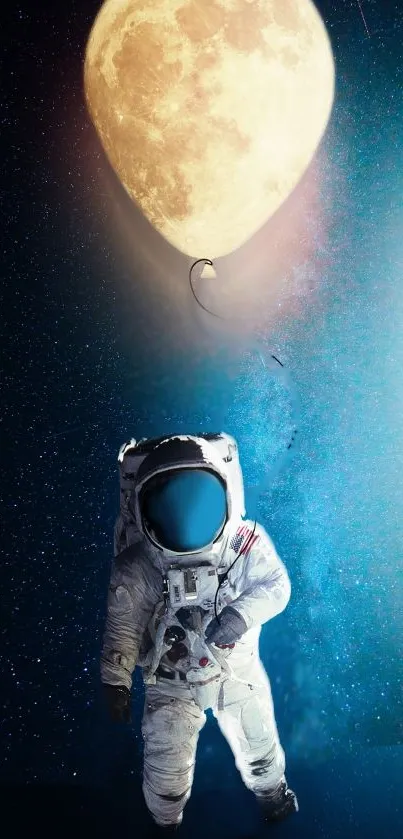 Astronaut floating under a moon in space with a starry background.