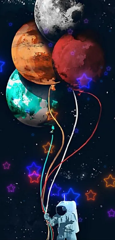 Astronaut floating with planet-shaped balloons against a dark cosmic background.