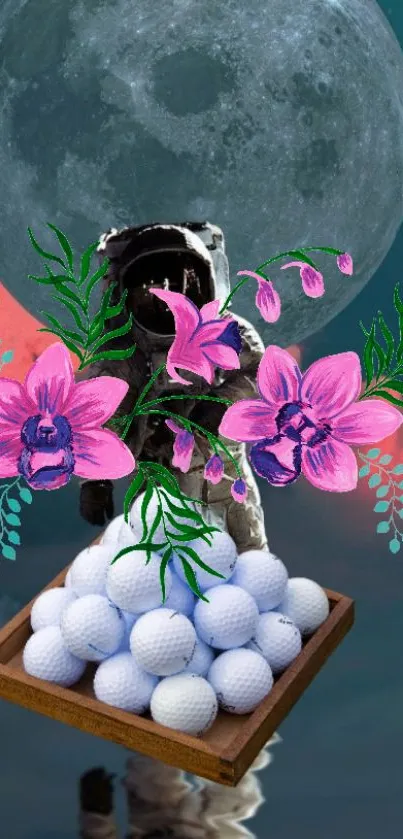 Astronaut with flowers and golf balls under a moonlit sky.