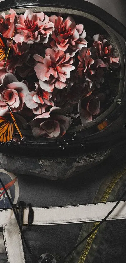 Astronaut helmet filled with pink flowers and butterflies in space.