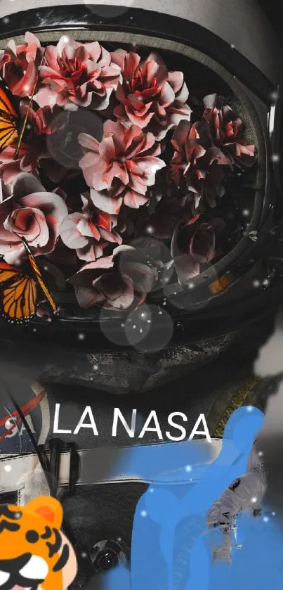 Astronaut helmet with flowers and butterflies.