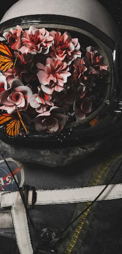 Surreal astronaut helmet with flowers and butterflies.