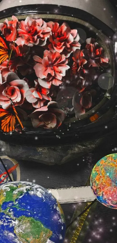 Astronaut helmet filled with flowers amid cosmic planets.