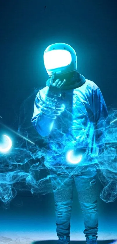 Futuristic wallpaper with neon glowing astronaut in blue.