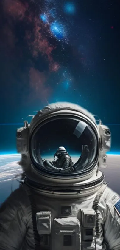 Astronaut in space with galaxy and Earth background.