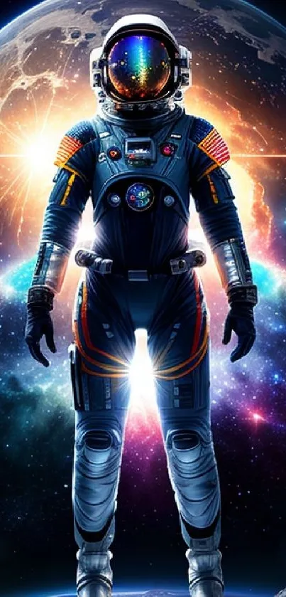 Astronaut standing against a vibrant galaxy backdrop, emitting cosmic light.
