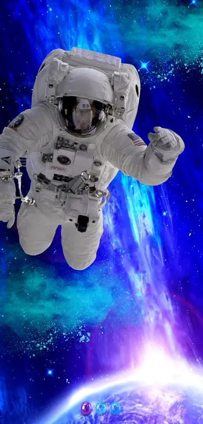 Astronaut floating in vibrant blue galaxy space wallpaper.