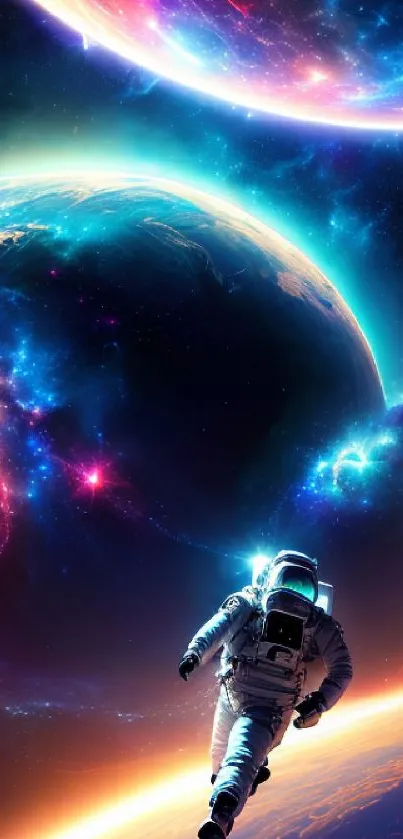 Astronaut exploring vibrant galaxy with colorful planets.