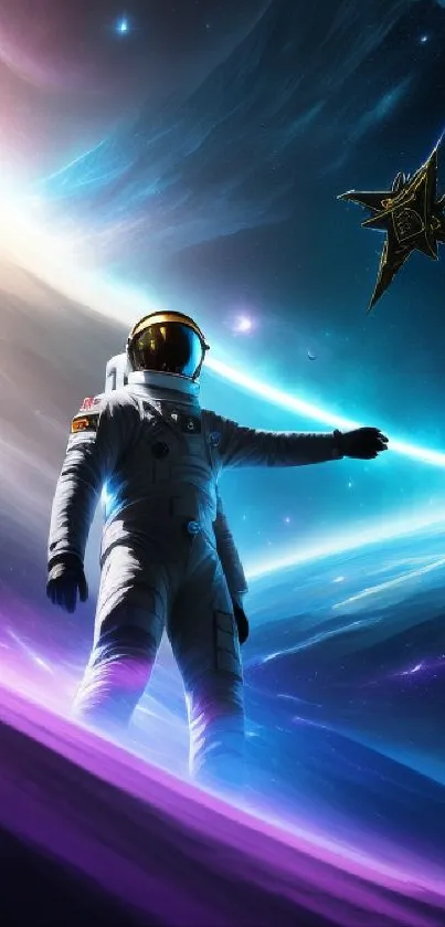 Astronaut in vibrant cosmic scene with galaxy backdrop.