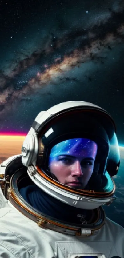 Astronaut with galaxy view in space-themed mobile wallpaper.