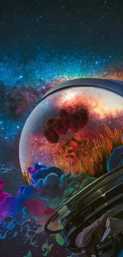 Astronaut helmet cosmic scene with galaxy and roses.