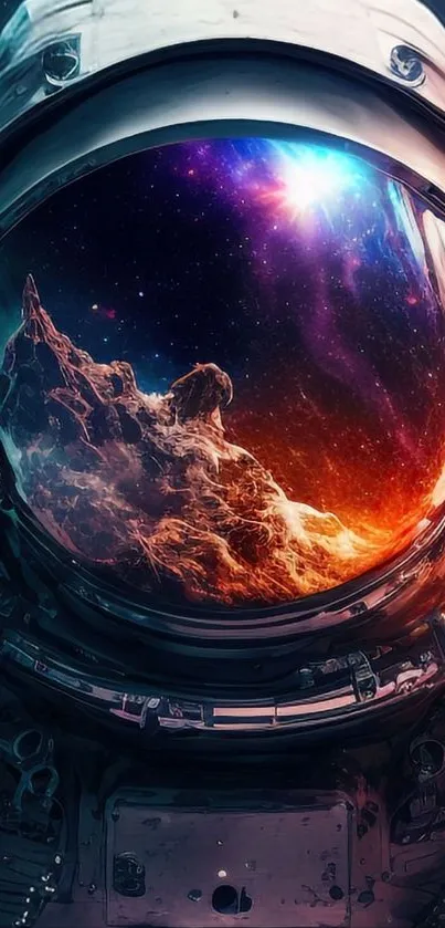 Astronaut helmet reflecting a colorful galaxy scene.