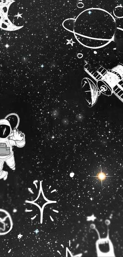 Astronaut and space illustrations with planets, stars, and a satellite on a starry background.