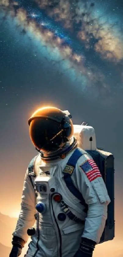 Astronaut in front of a galaxy backdrop, perfect for mobile wallpaper.