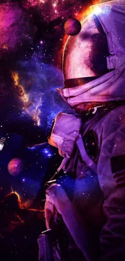 Astronaut exploring vibrant galaxy with planets in background.