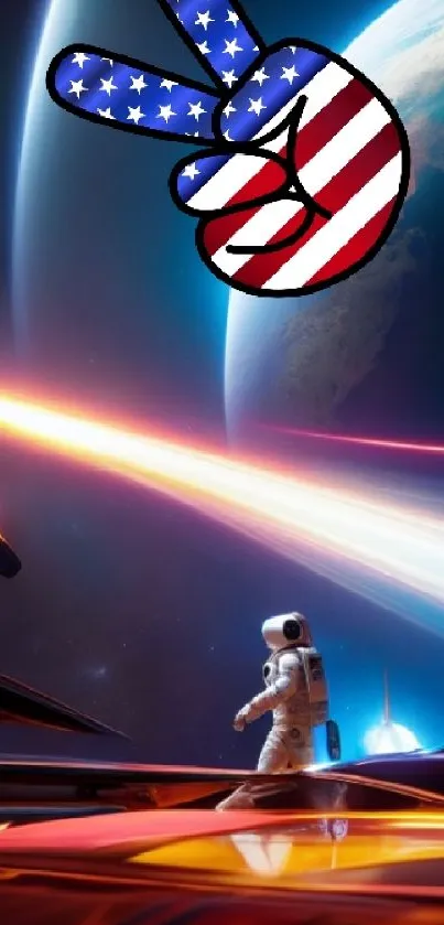 Astronaut in space with peace sign and planet backdrop.