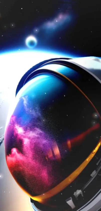 Astronaut helmet reflecting galaxy in vibrant colors against space scene.