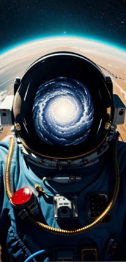 Astronaut with galaxy reflection in helmet, showcasing space exploration.