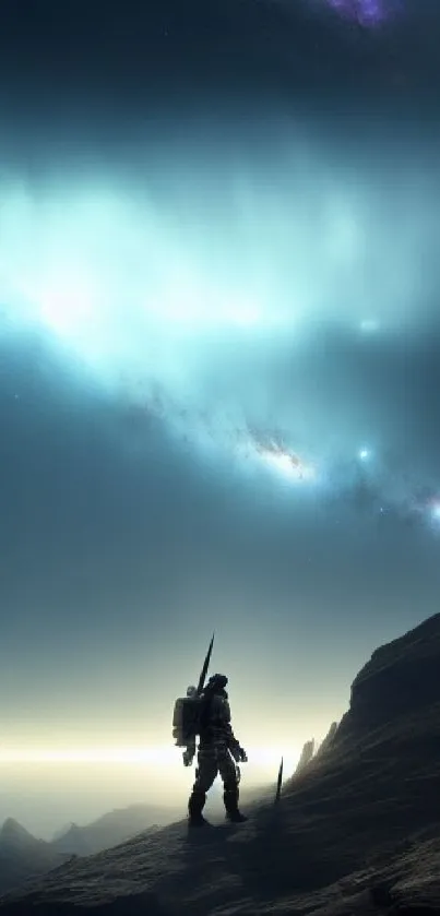 Astronaut standing on rocky terrain beneath a glowing galaxy sky.