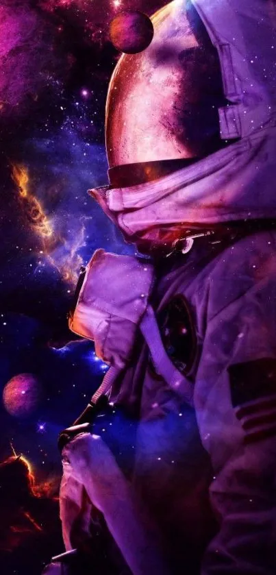 Astronaut in a vibrant, purple galaxy with planets and stars.