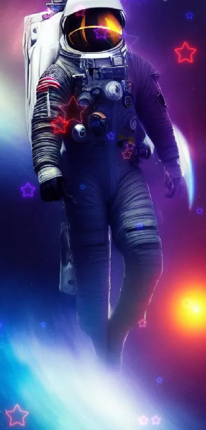 Astronaut floating in vibrant galaxy with colorful cosmic backdrop.