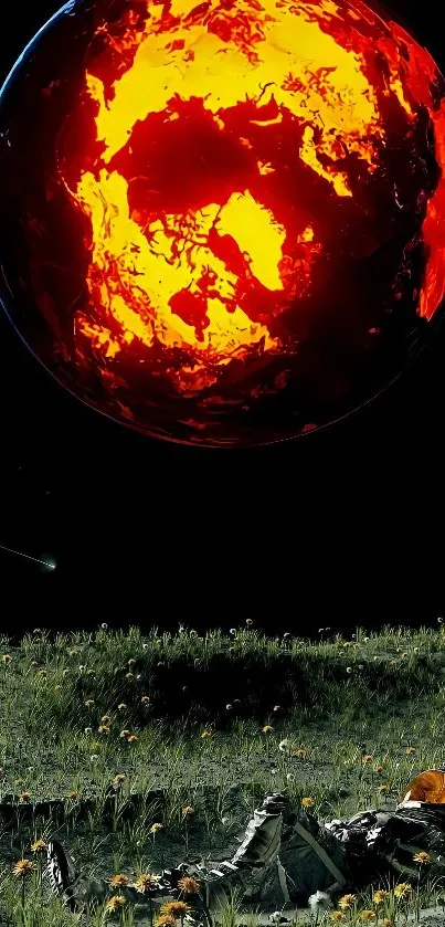 Astronaut on grass beneath a fiery red planet in space.