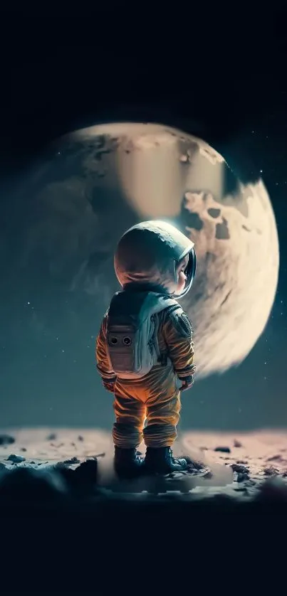 Astronaut standing on moonlit surface gazes at glowing planet.