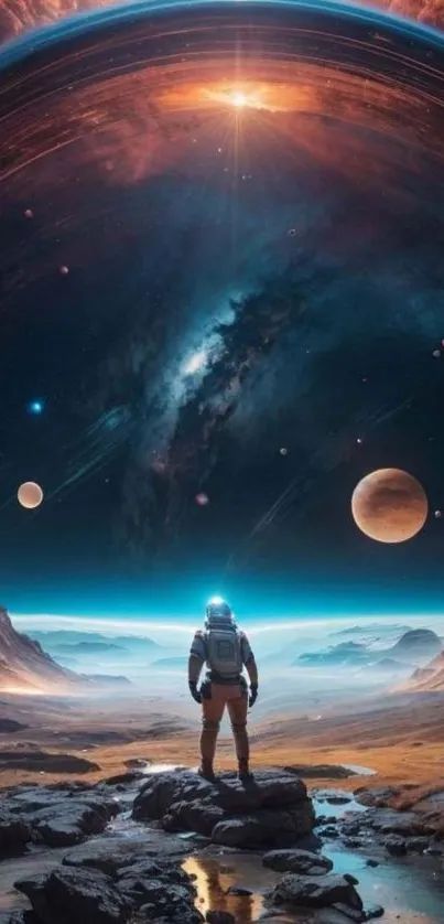 Astronaut stands on alien planet under cosmic sky.