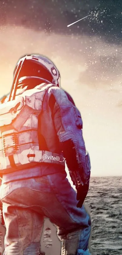 Astronaut looking out over a cosmic ocean at sunset in space-themed wallpaper.